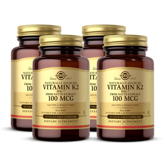 Solgar Vitamin K2 MK-7 bottle with 50 vegan capsules, pack of 4