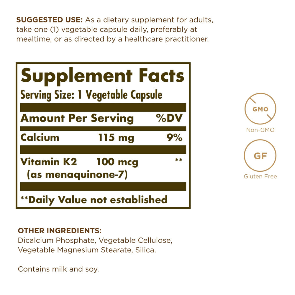 Solgar Vitamin K2 MK-7 100 mcg – Natto Whole-Food Source, 50 Vegetable ...
