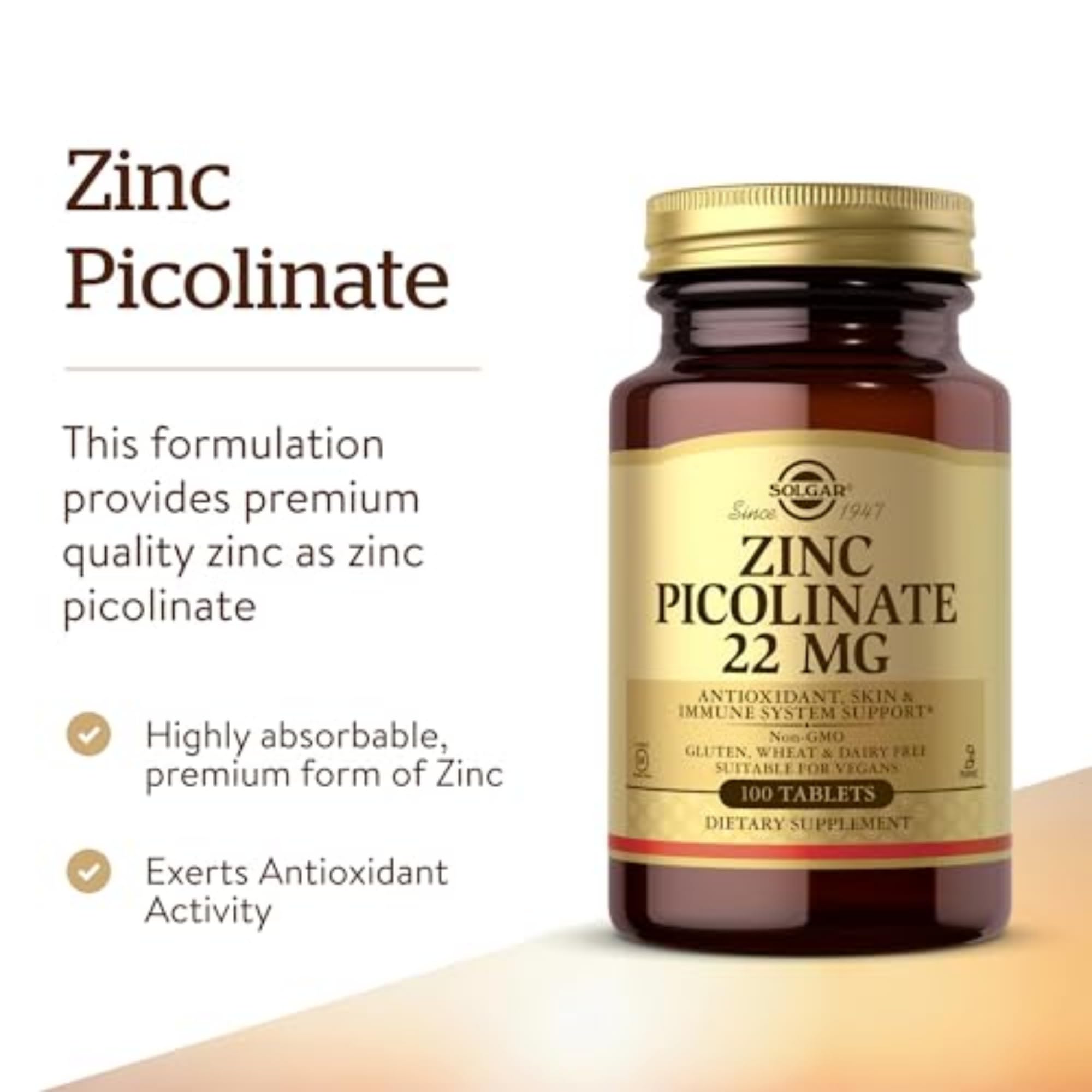 Solgar Zinc Picolinate 22 mg 100 Tablets packaging/pack shot