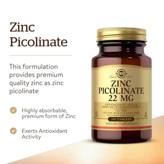 Solgar Zinc Picolinate 22 mg 100 Tablets packaging/pack shot