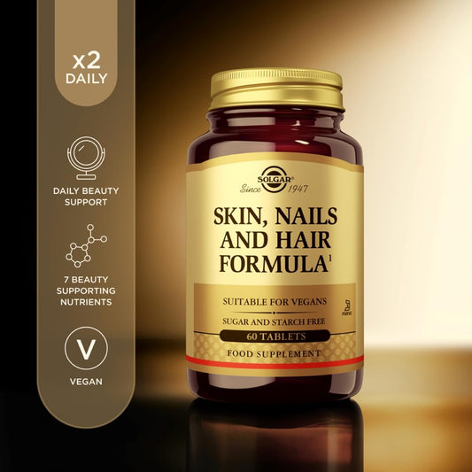 Solgar Skin Nails Hair Tablets bottle back label close up