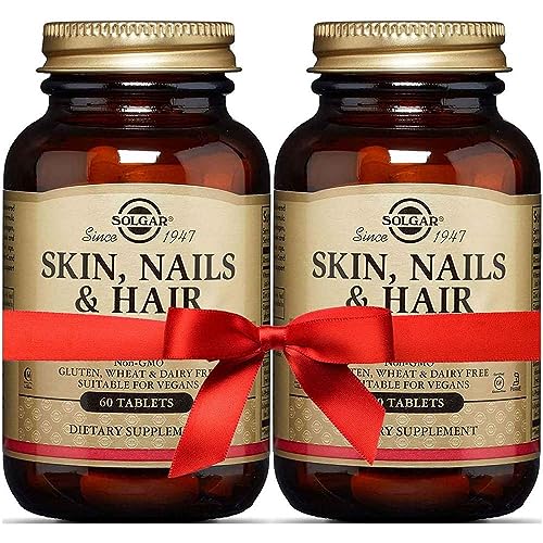 Box and bottle packaging of Solgar Skin Nails Hair Tablets