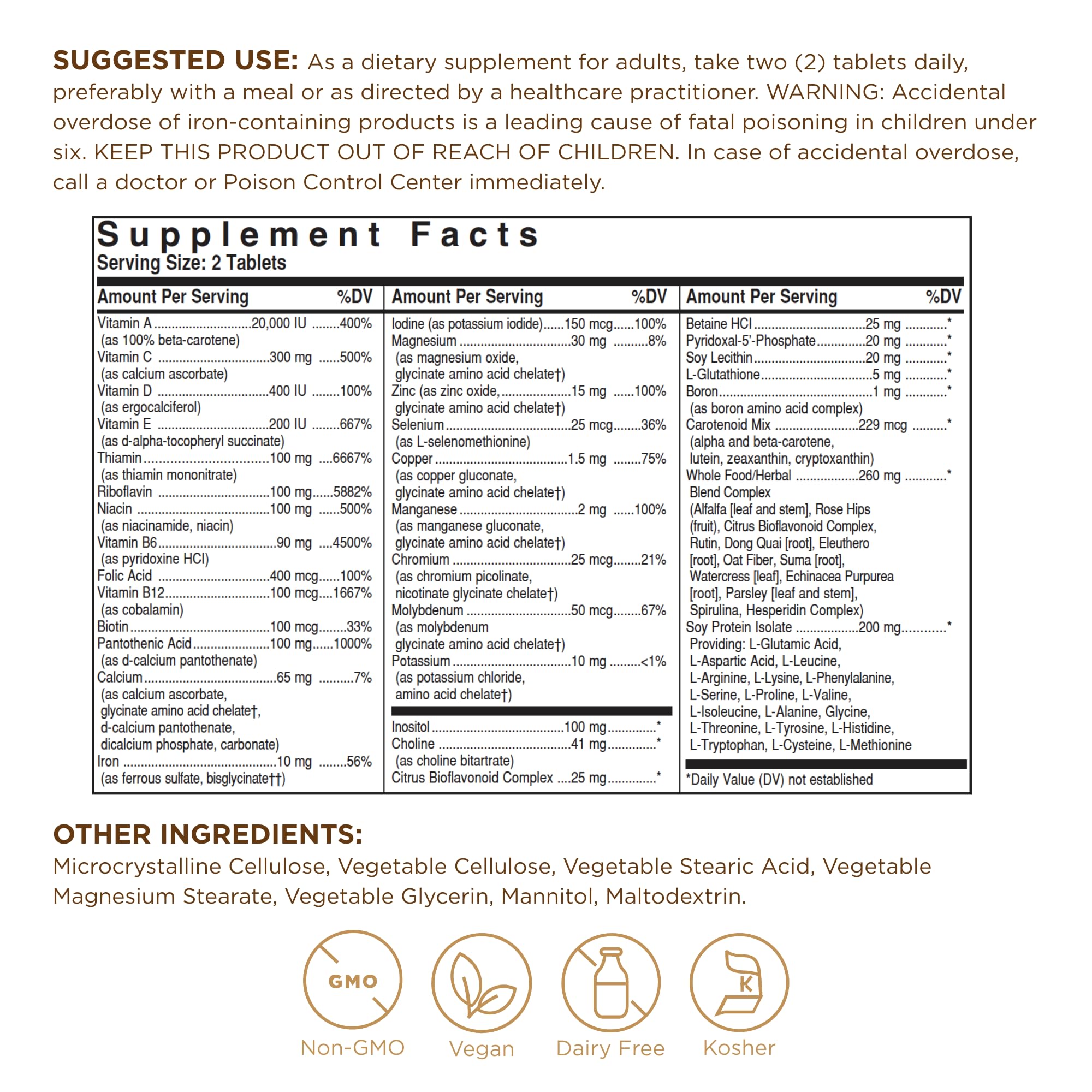 Supplement facts panel showing vitamins and minerals