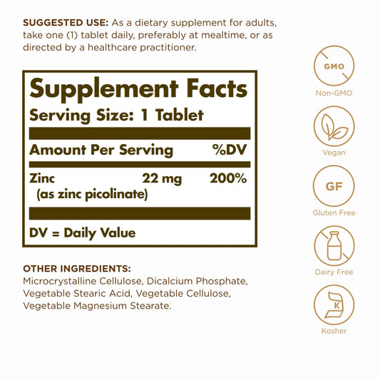Close-up of Solgar Zinc Picolinate 22 mg tablets