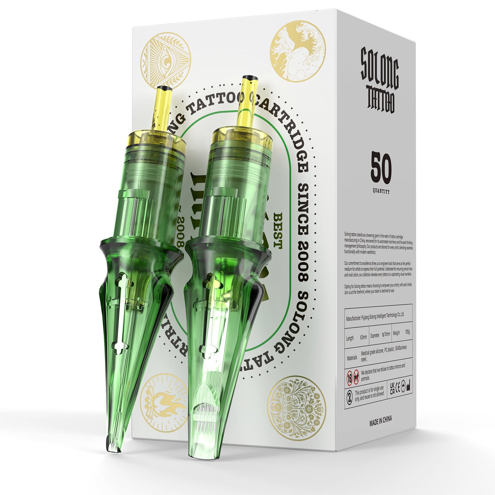 Solong Pro 50pcs tattoo needle cartridges for versatile studio use.