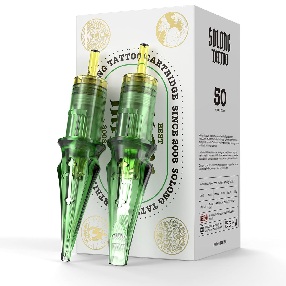 Solong Pro 50pcs tattoo needle cartridges for versatile studio use.