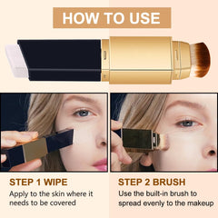 SOLOTREE applying foundation stick to cheek for seamless coverage.