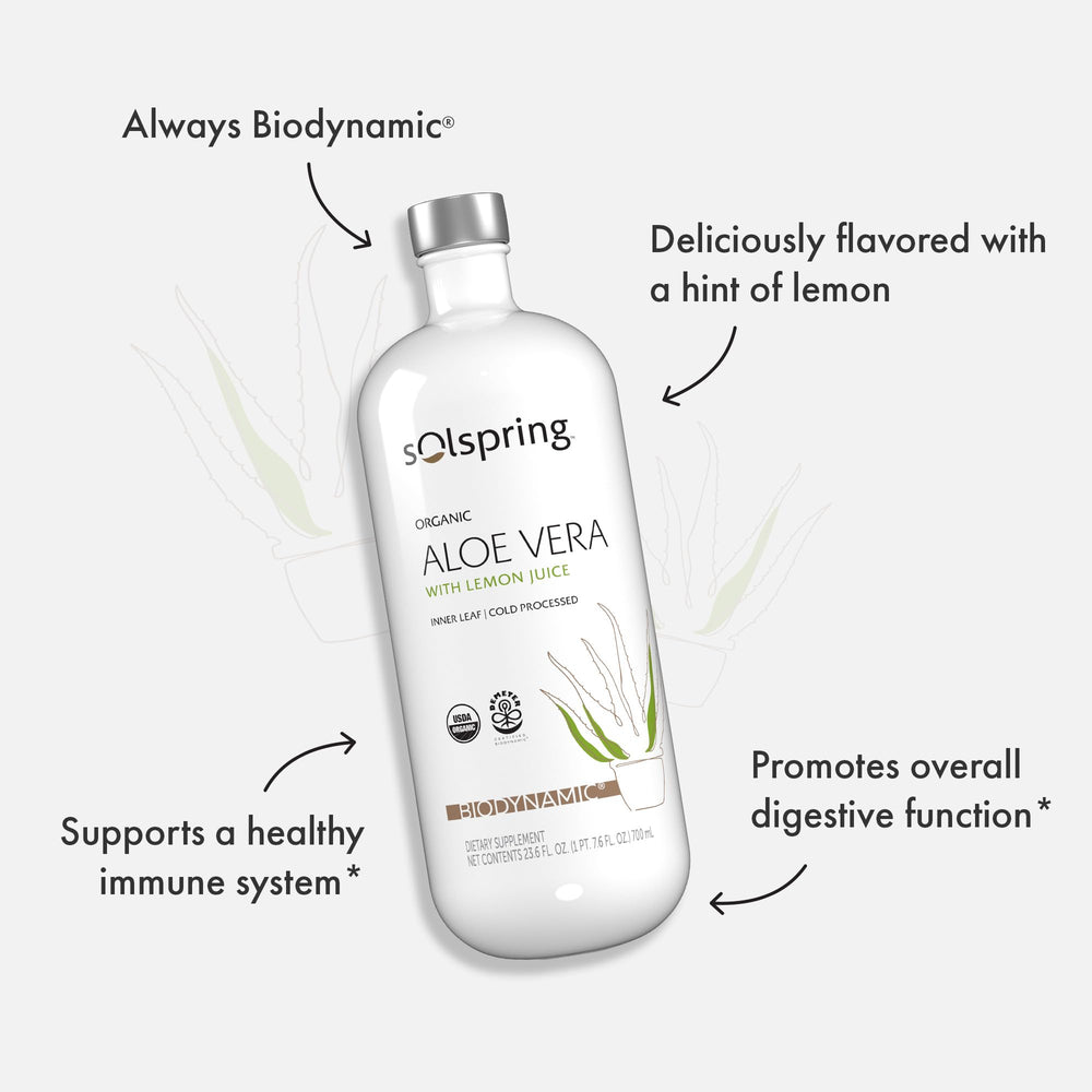Label showing certifications and nutrition for Solspring Aloe Vera juice with lemon, 700 mL