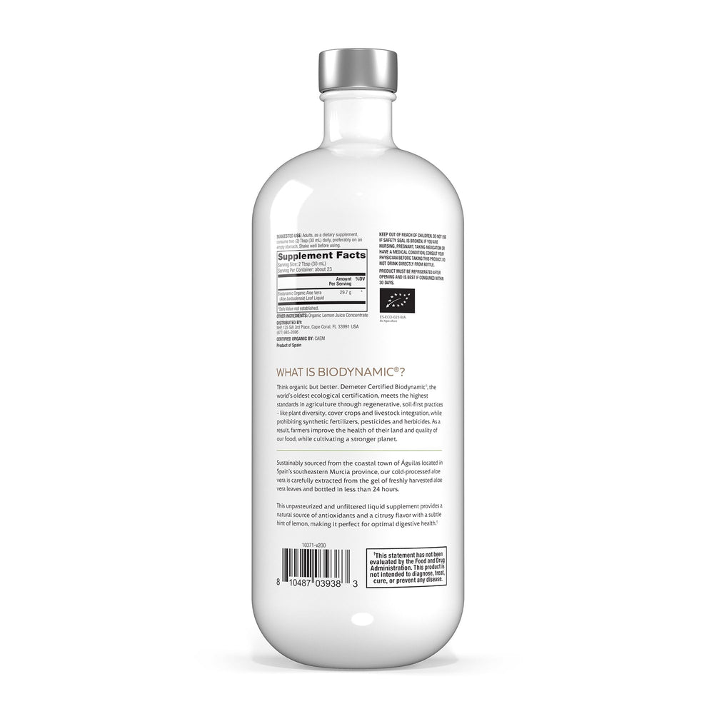Side view of Solspring Aloe Vera juice bottle with lemon flavor, 700 mL