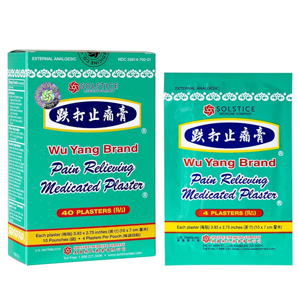 Solstice Wu Yang medicated plaster label closeup emphasizes product branding.