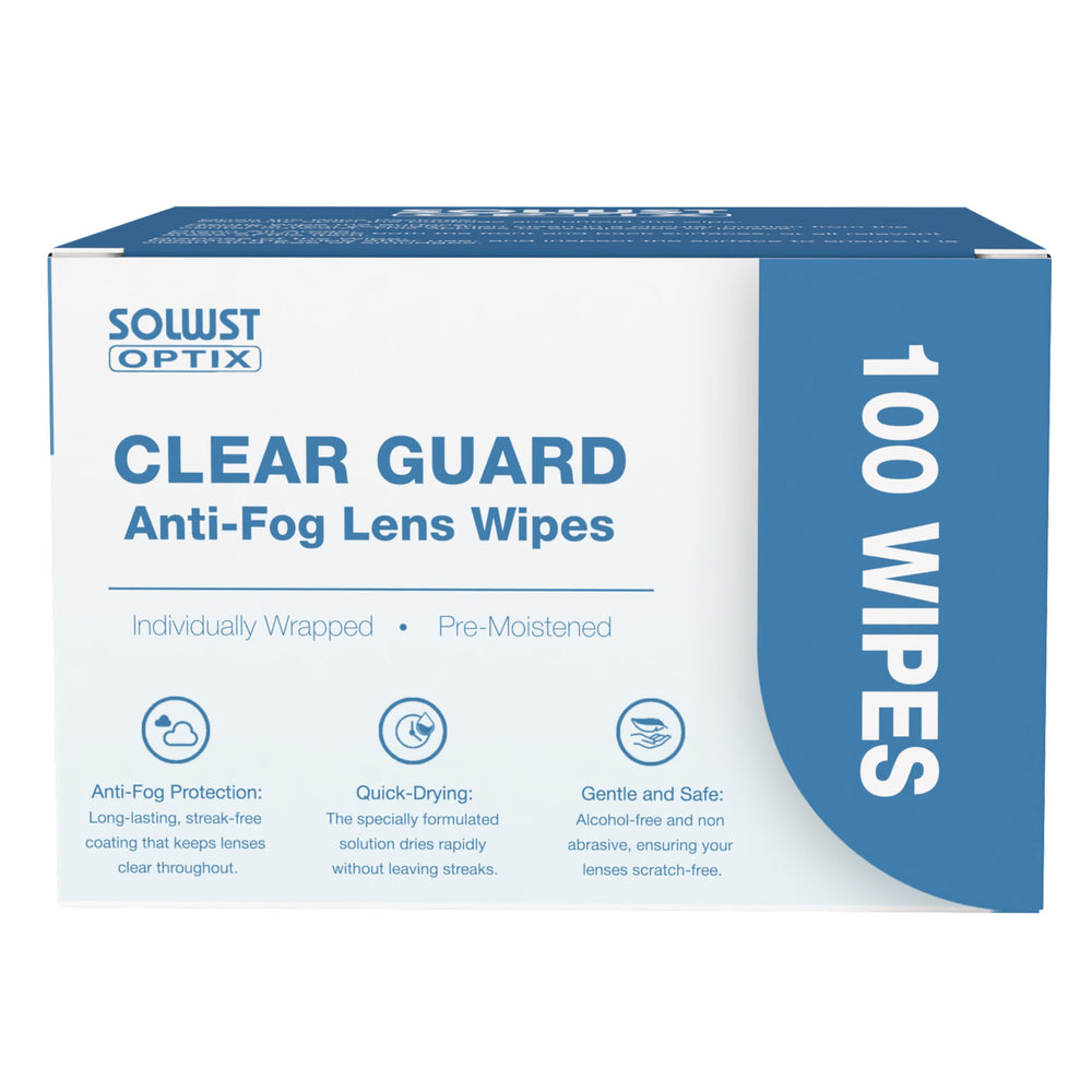 SOLWST Optix Clear Guard anti-fog lens wipes box with 100 individual wipes