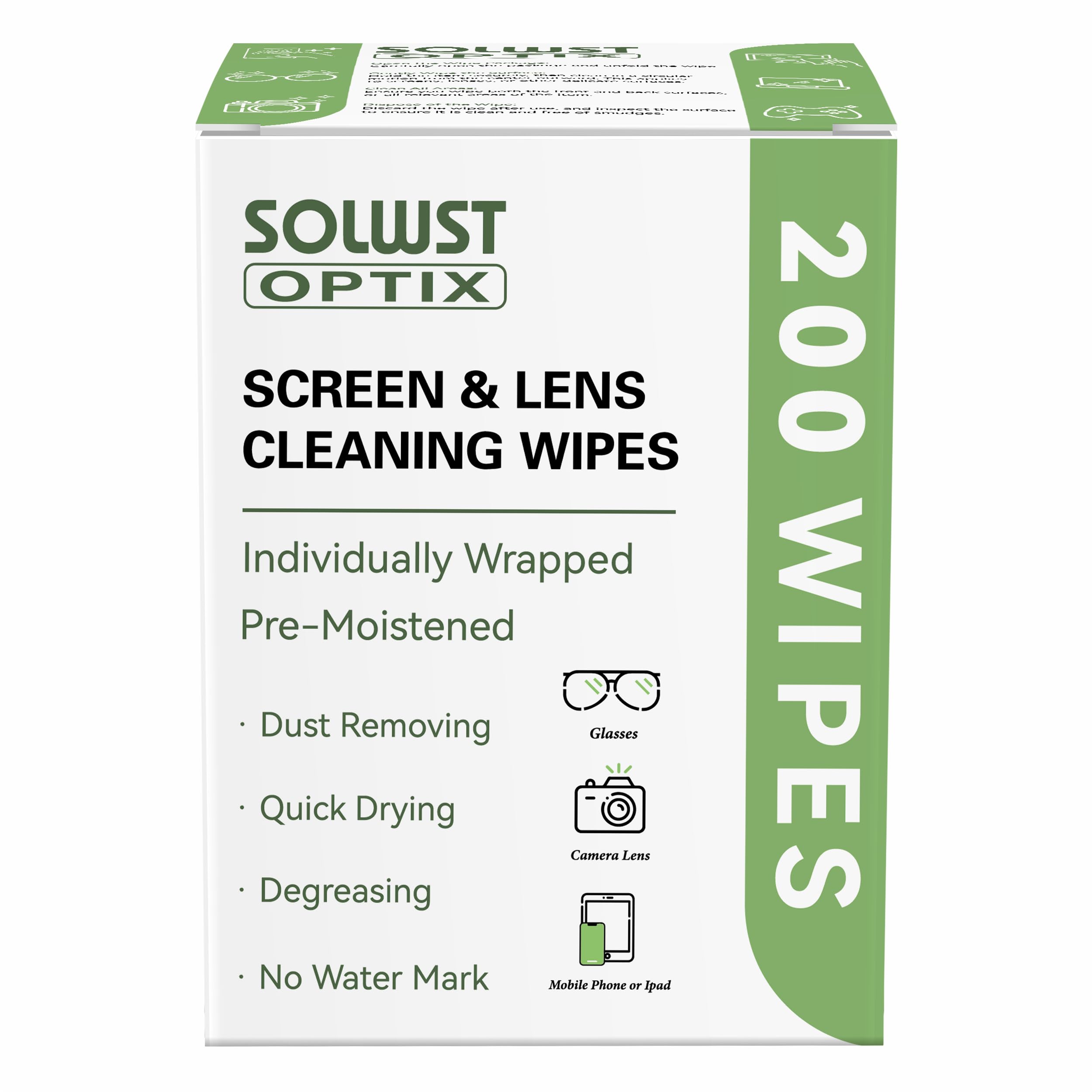 SOLWST Optix lens cleaning wipes packaging showing 200 wipes