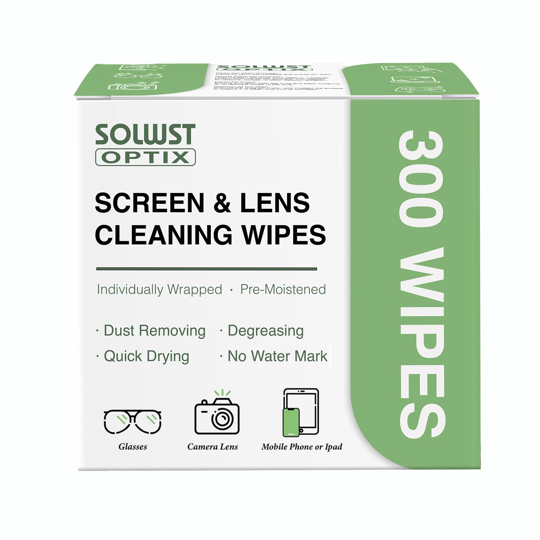 SOLWST Optix Lens Cleaning Wipes package showing 300 pre-moistened wipes