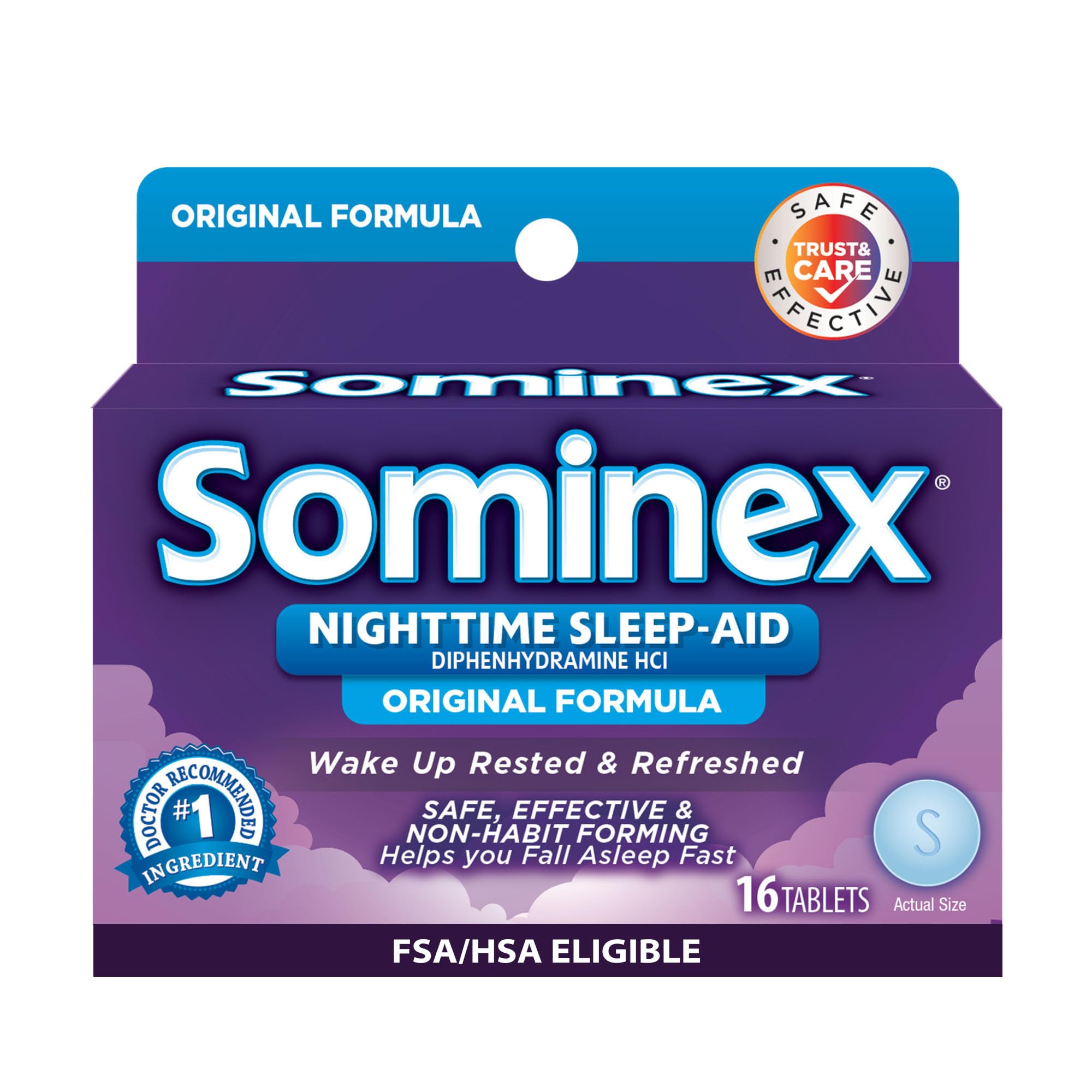 Sominex Nighttime Sleep-Aid bottle front view supporting calm bedtime routine
