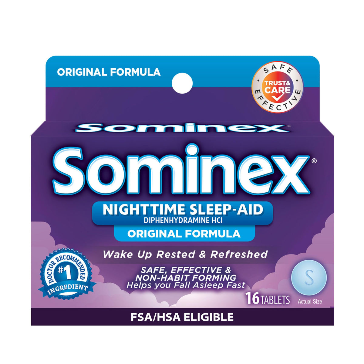 Sominex Nighttime Sleep-Aid bottle front view supporting calm bedtime routine
