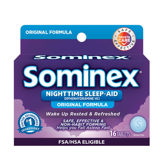 Sominex Nighttime Sleep-Aid bottle front view supporting calm bedtime routine