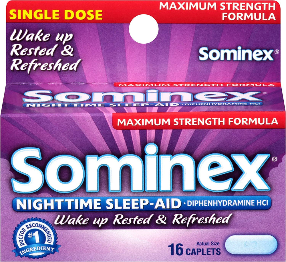 Informational graphic about Sominex Nighttime Sleep-Aid Caplets features