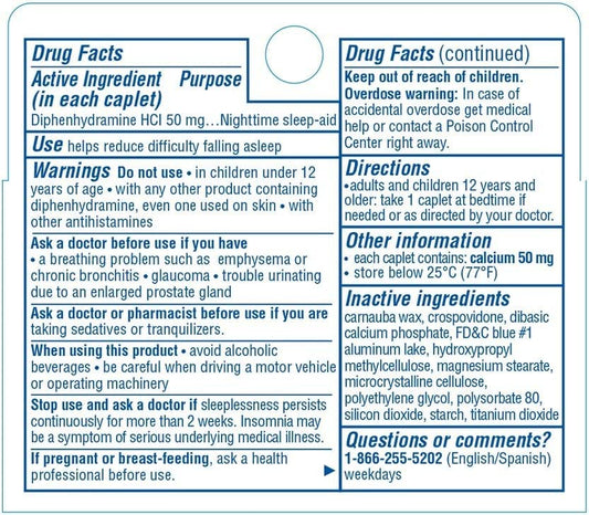 Back label of Sominex Nighttime Sleep-Aid Caplets with directions