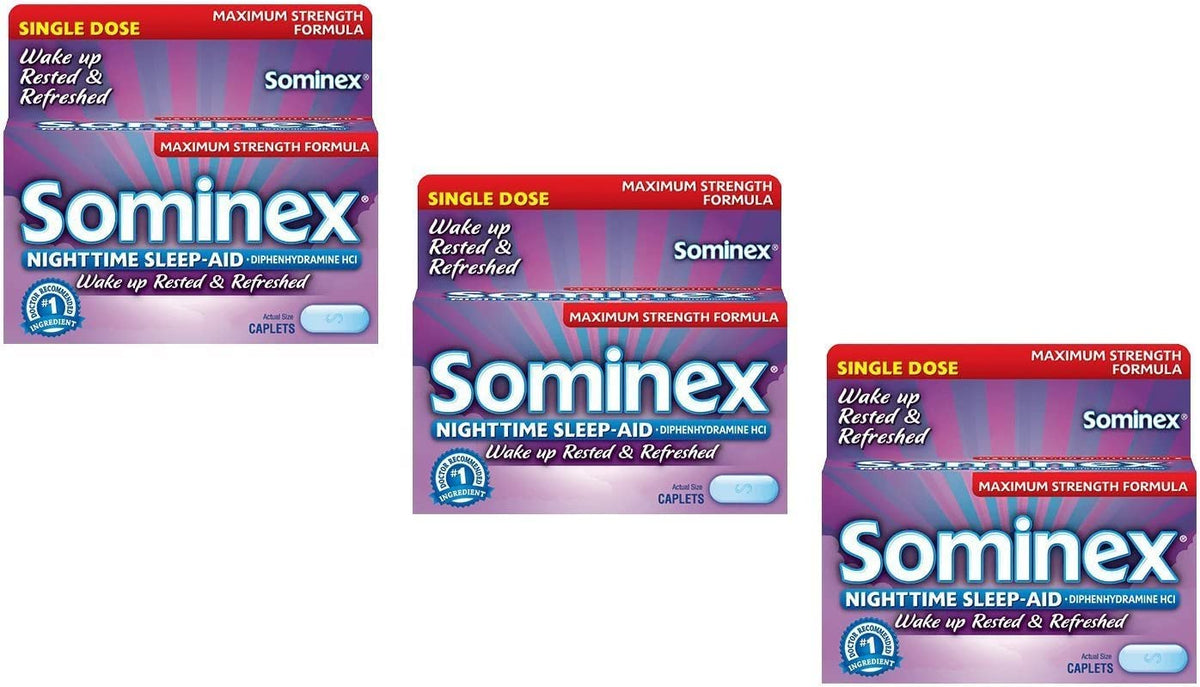 Front view of Sominex Nighttime Sleep-Aid Caplets pack