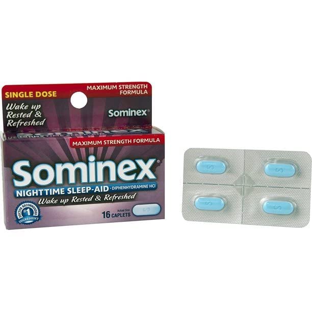 Sominex Nighttime Sleep-Aid Caplets displayed on store shelf