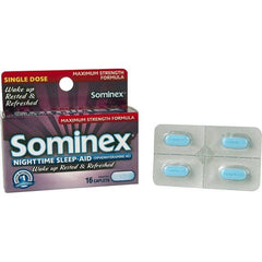 Sominex Nighttime Sleep-Aid Caplets displayed on store shelf