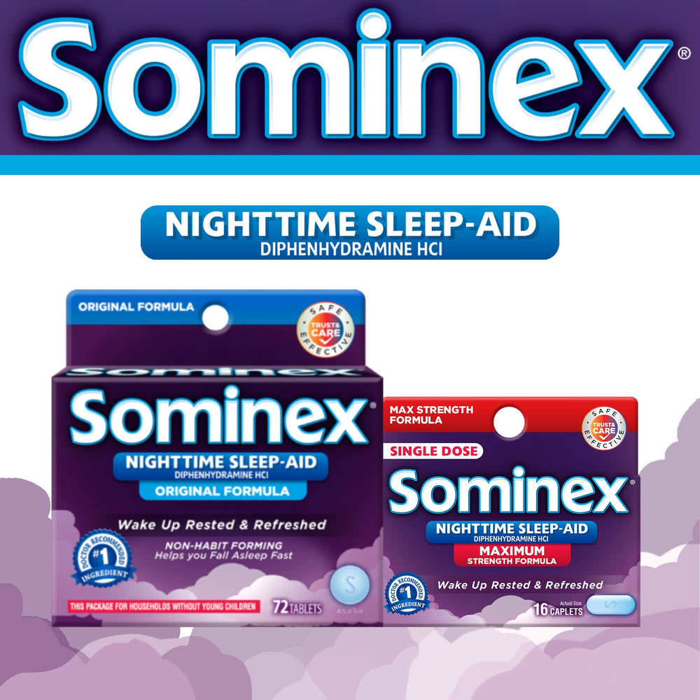 Sominex Diphenhydramine ingredient close-up highlights active sleep-support ingredient