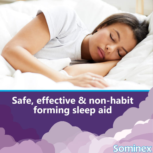 Sominex Nighttime Sleep-Aid tablets close-up featuring 25 mg Diphenhydramine HCl for sleep