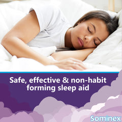 Sominex Nighttime Sleep-Aid tablets close-up featuring 25 mg Diphenhydramine HCl for sleep