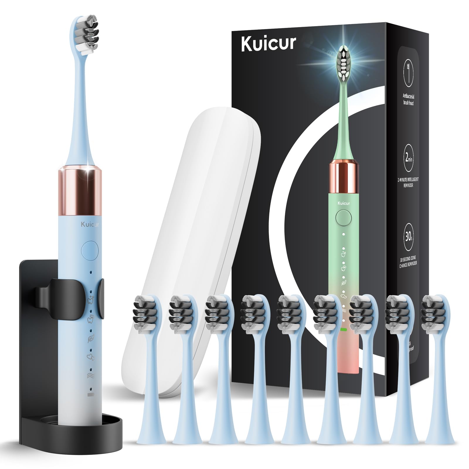 Blue and white Sonic electric toothbrush front view