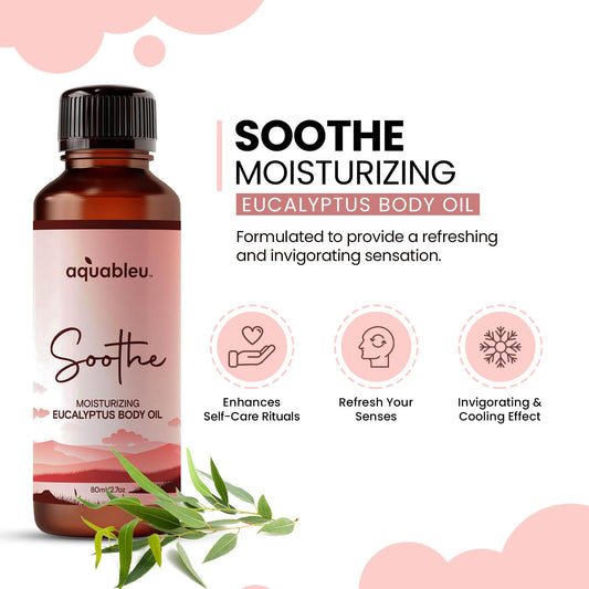 Soothe Eucalyptus Aromatherapy Blend bottle with leaves