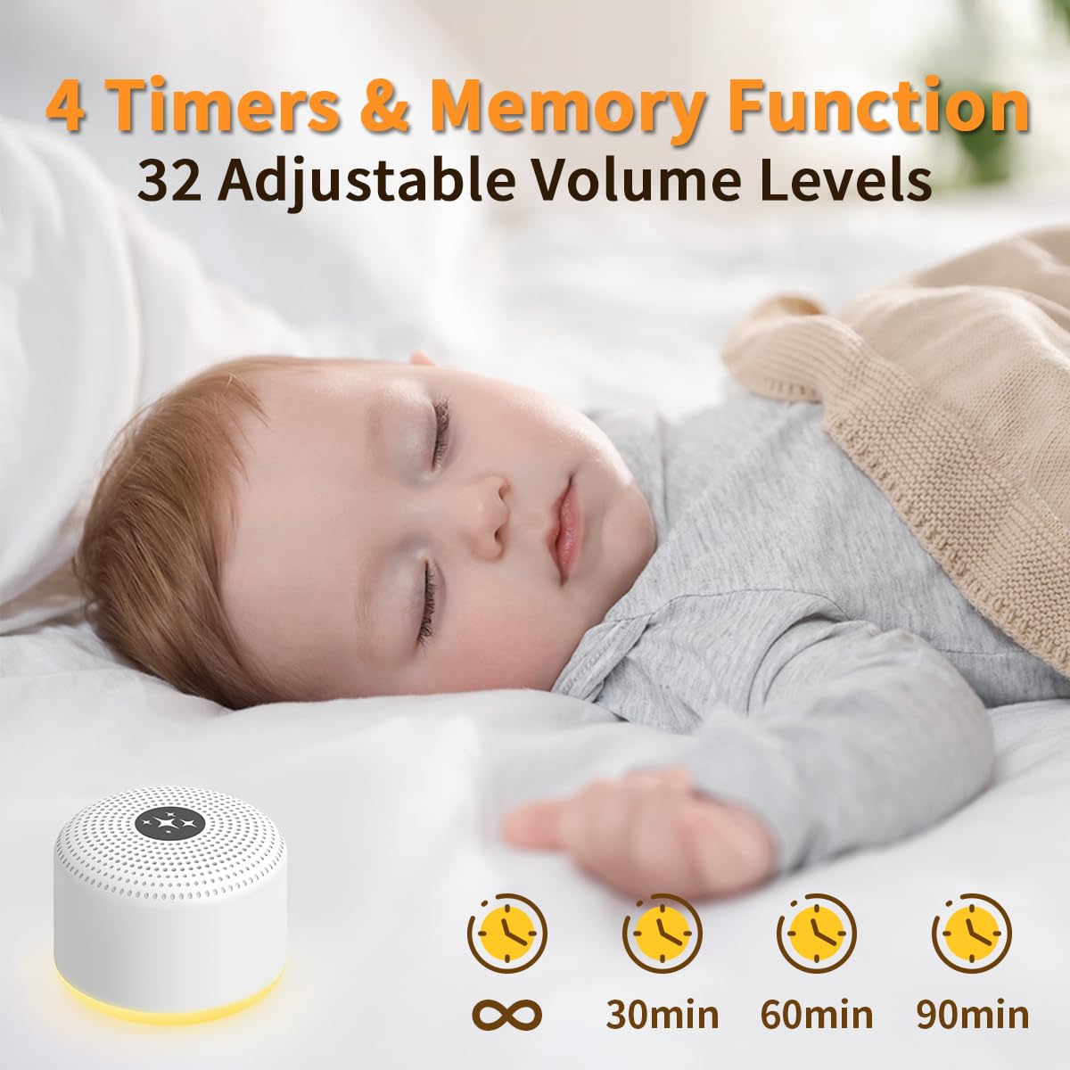 Soothing Sounds compact design with 32 volume levels fits any space.