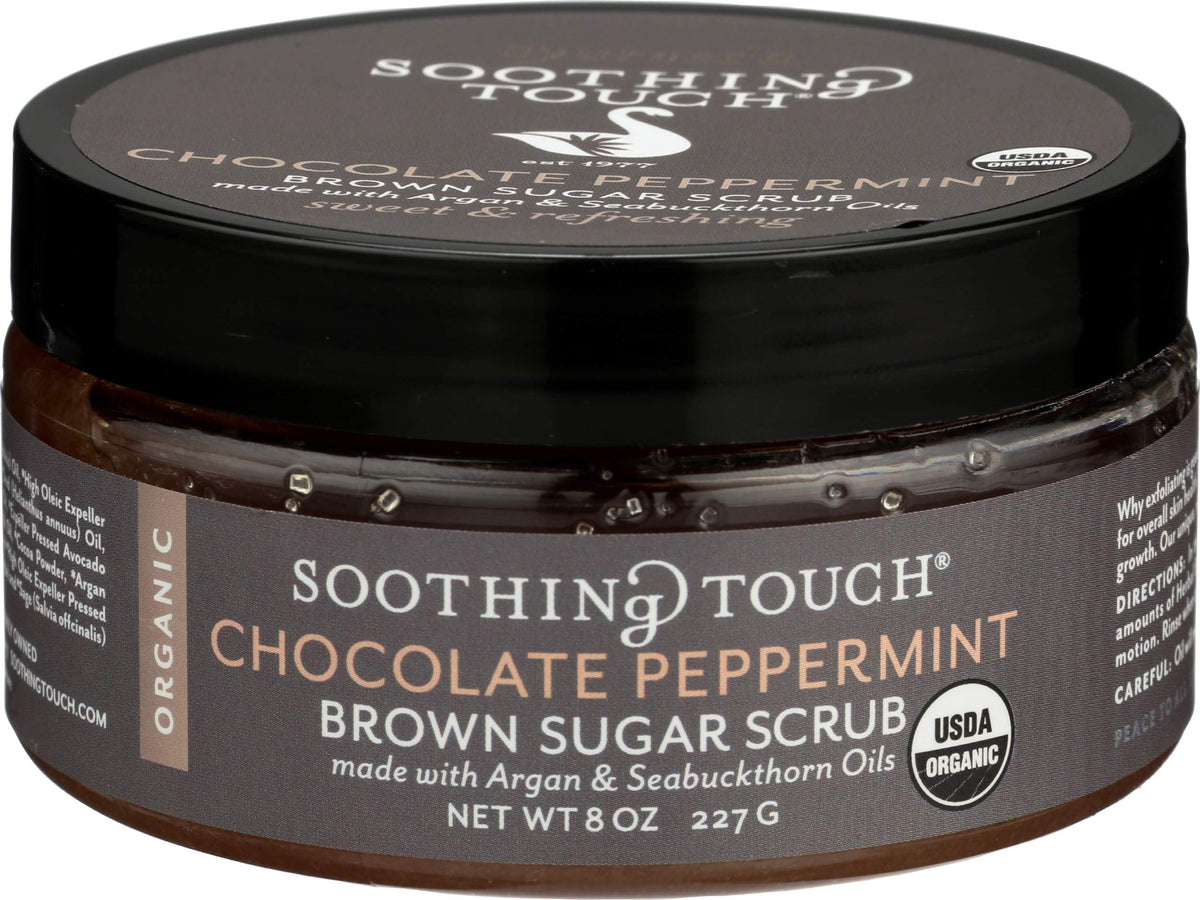 Soothing Touch brown sugar scrub jar showcasing chocolate peppermint aroma for silky skin.
