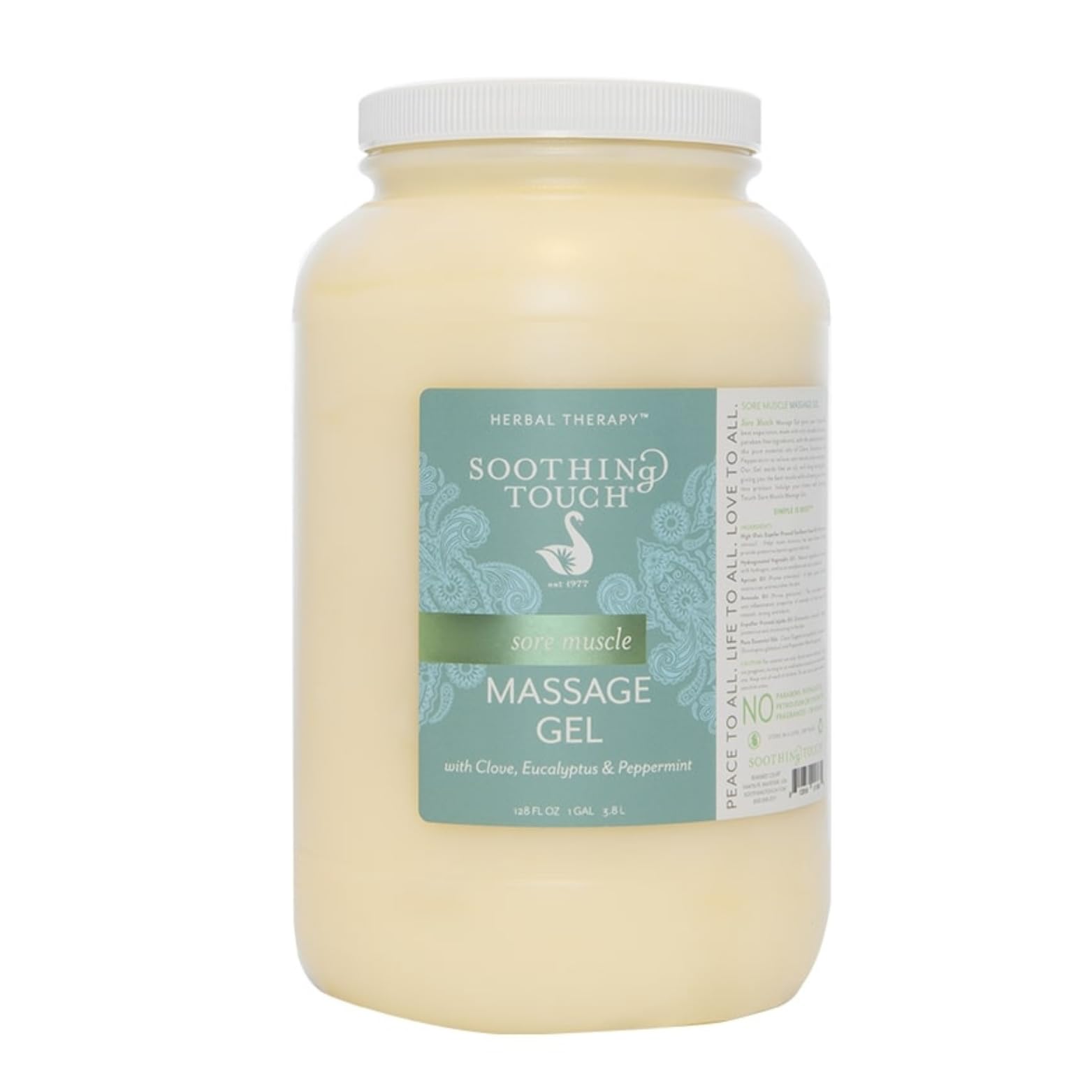 Soothing Touch Sore Muscle Massage Gel bottle, 128 oz, with clove, eucalyptus and peppermint essential oils.