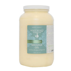 Soothing Touch Sore Muscle Massage Gel bottle, 128 oz, with clove, eucalyptus and peppermint essential oils.