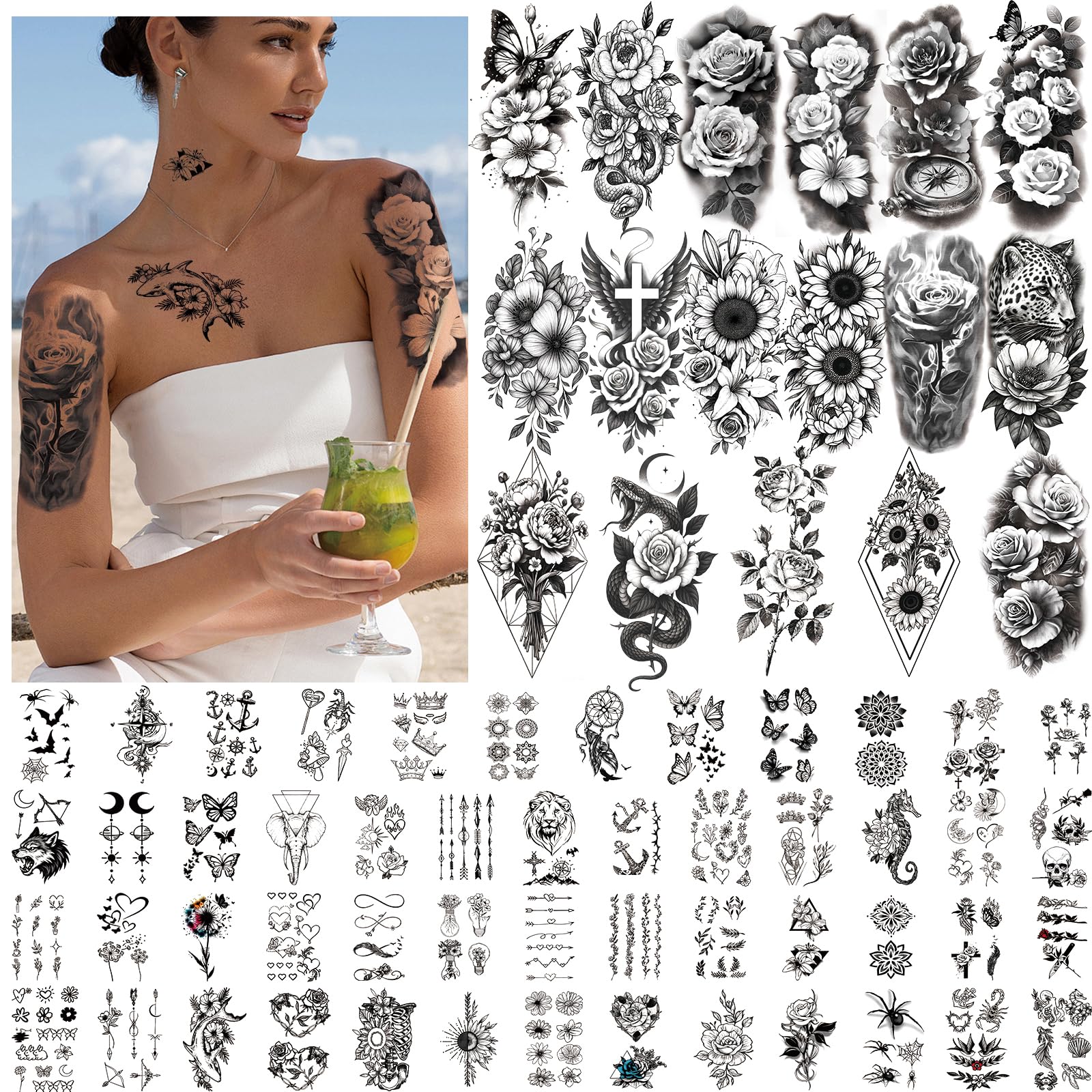 SOOVSY 92-sheets flower tattoos collection featuring large and small floral designs for easy style accents