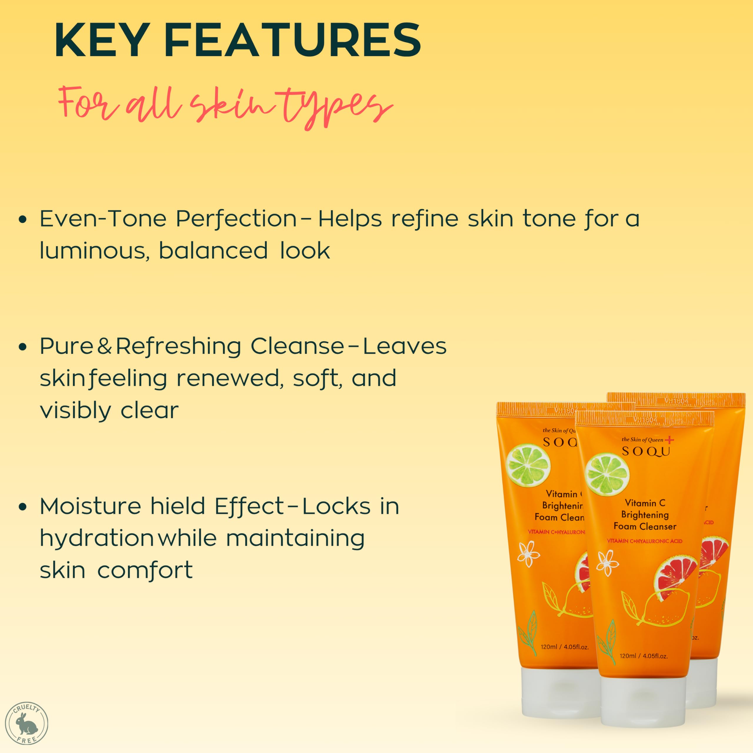SOQU Vitamin C Brightening Foam Cleanser close-up emphasizes hydrating hyaluronic acid