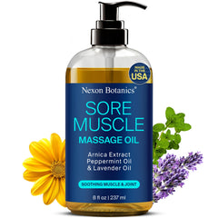 8 oz bottle of Sore Muscle Massage Oil with Arnica, Peppermint and Lavender