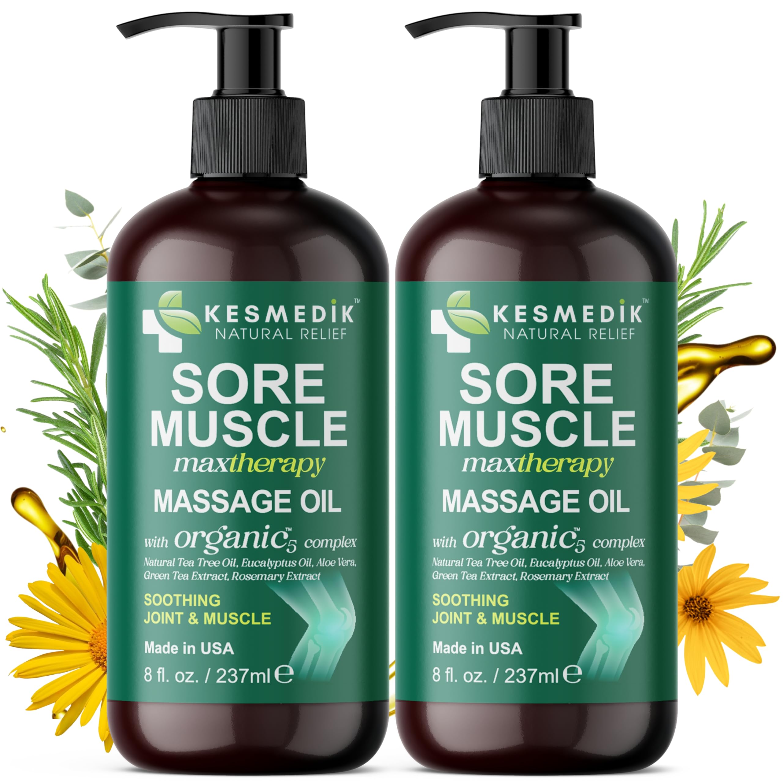 2-pack Kesmedik Sore Muscle Massage Oil bottle with Arnica, Tea Tree, and Eucalyptus