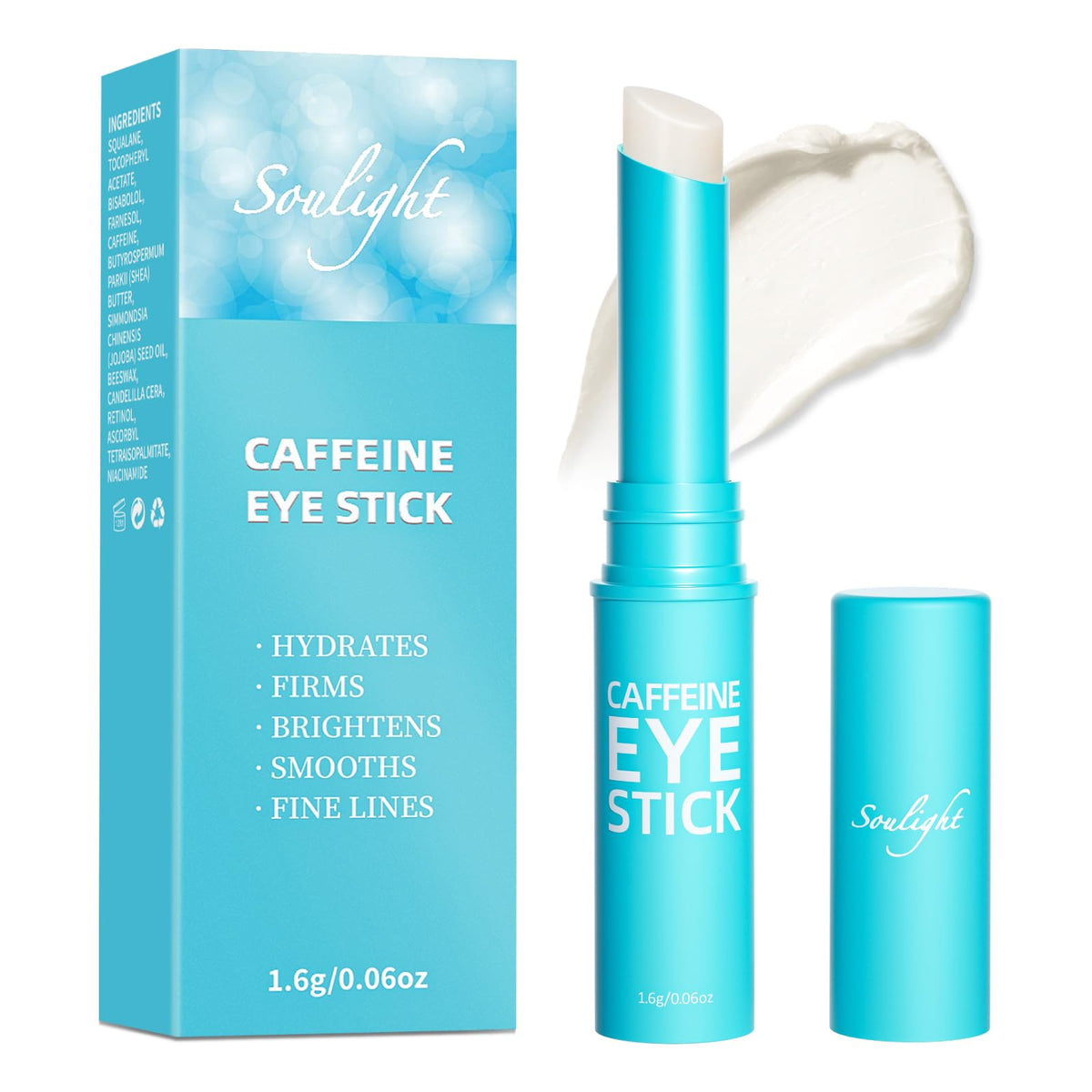 Soulight caffeine eye stick bottle front showing compact under-eye care for on-the-go use