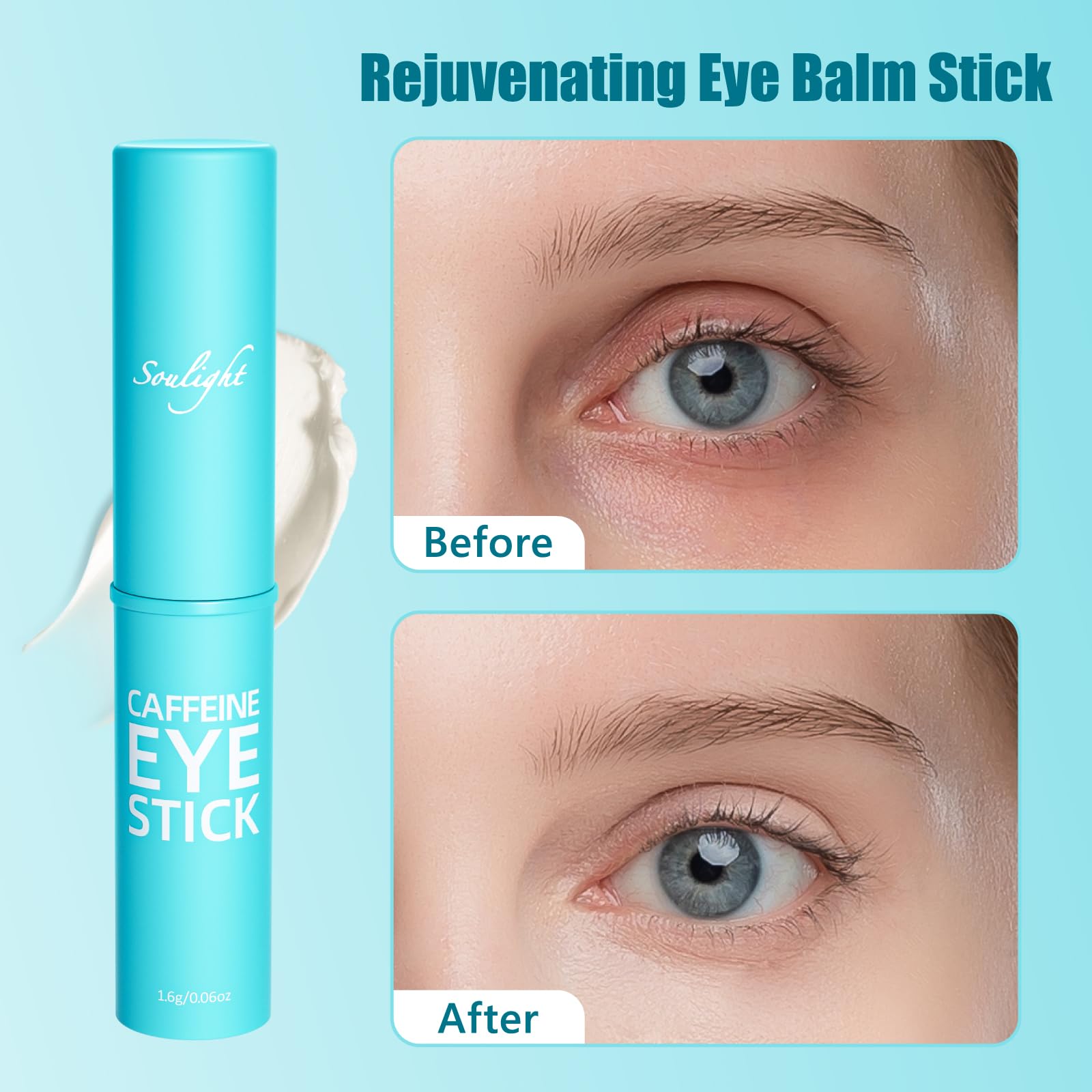 Soulight caffeine eye stick packaging label shows key ingredients and usage suggestions