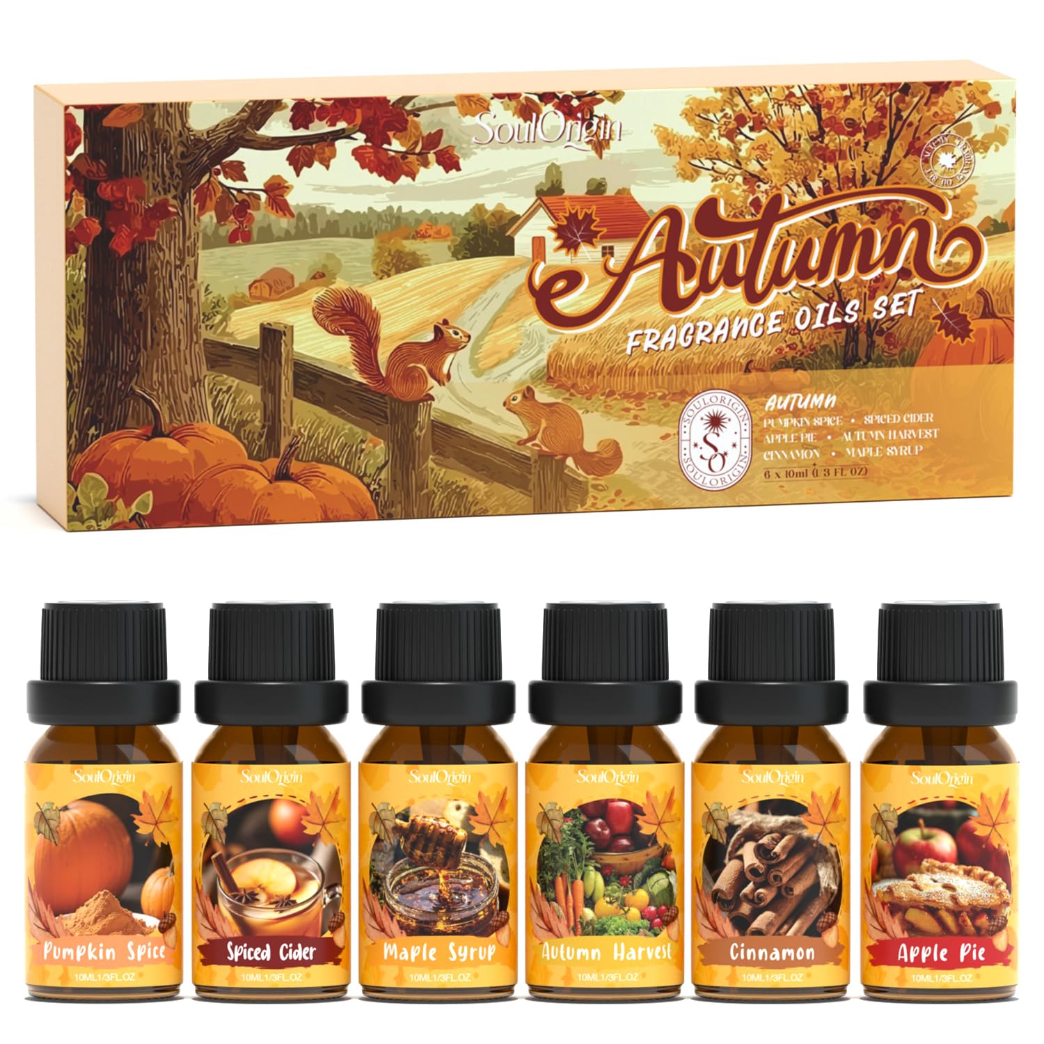 SoulOrigin front packaging showing full autumn fragrance oil set for seasonal ambiance