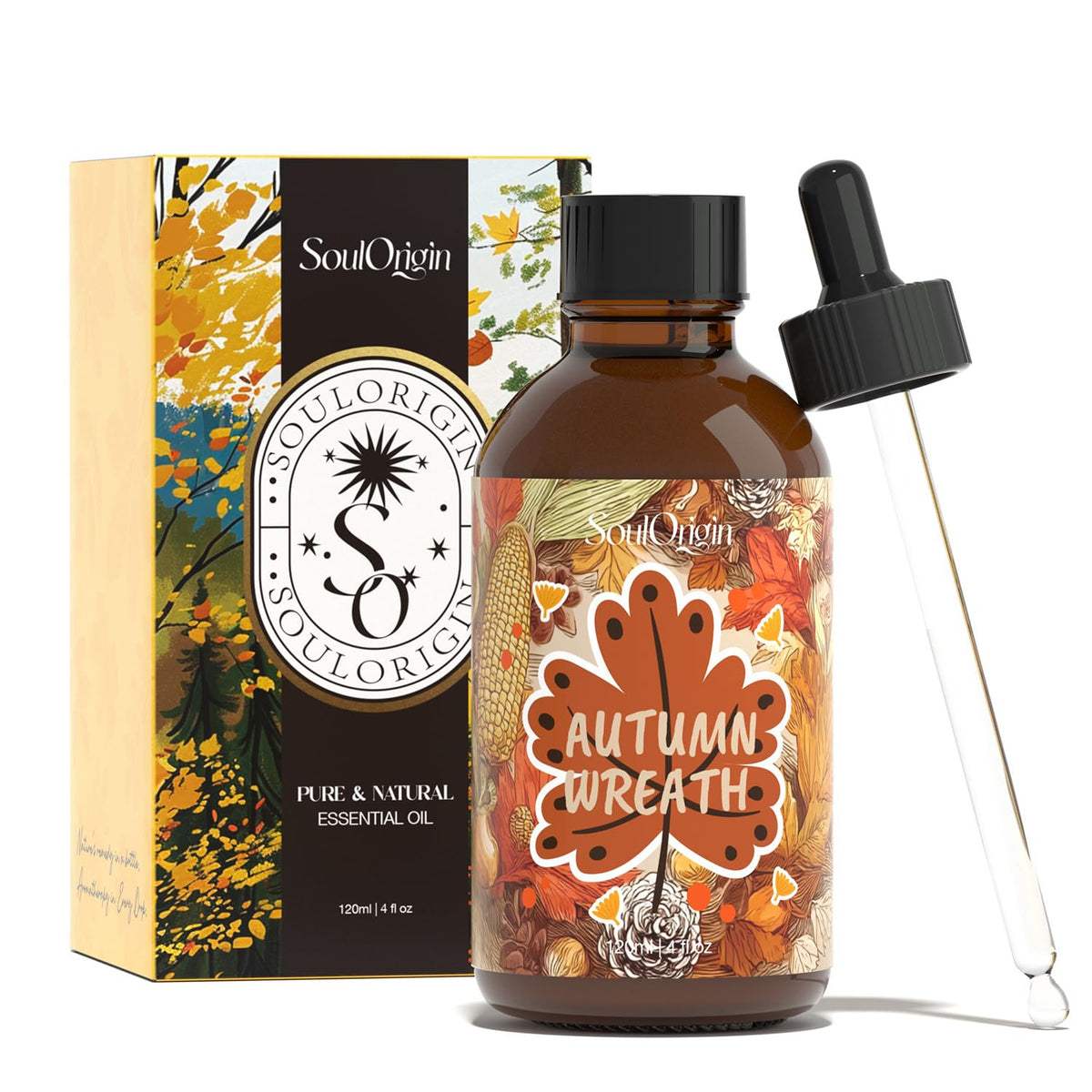 Bottle of SoulOrigin Autumn Wreath Essential Oil 120ml with autumn leaves