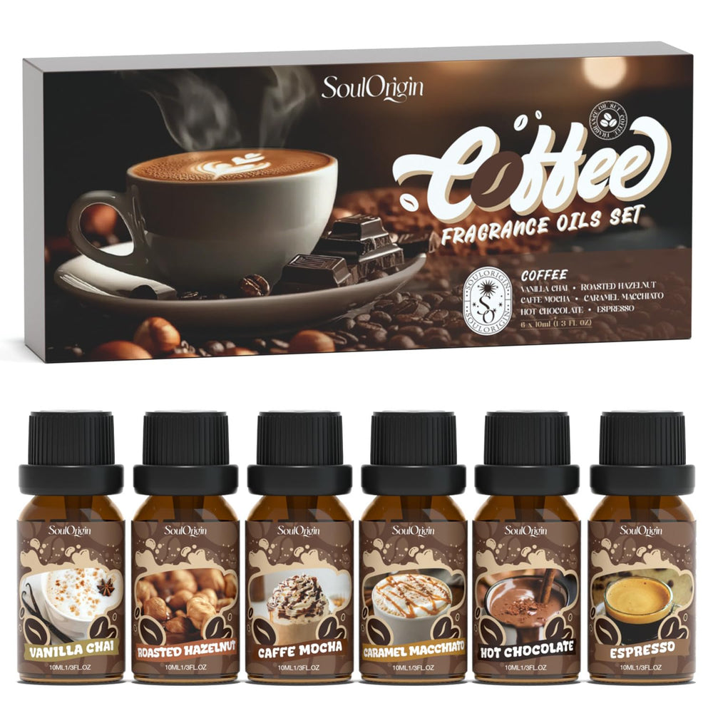 Bottle of Soulorigin Coffee Fragrance Oils Set with six flavors: Vanilla Tea, Espresso, Coffee Mocha, Caramel Macchiato, Hot Chocolate, Roasted Hazelnut