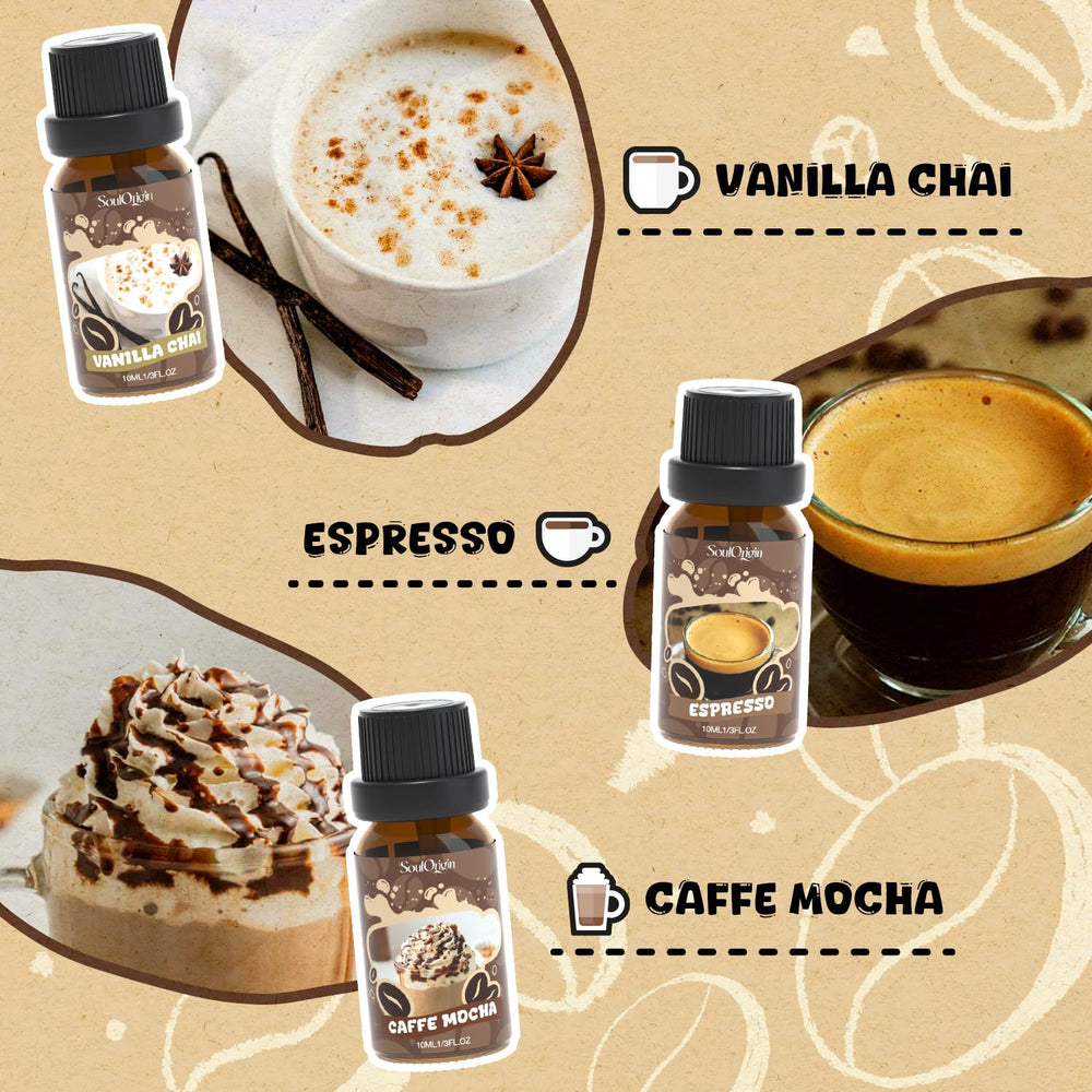 Close-up of coffee fragrance oil bottles for diffuser and candle making