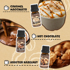 Six coffeehouse scent labels: Vanilla Tea, Espresso, Coffee Mocha, Caramel Macchiato, Hot Chocolate, Roasted Hazelnut