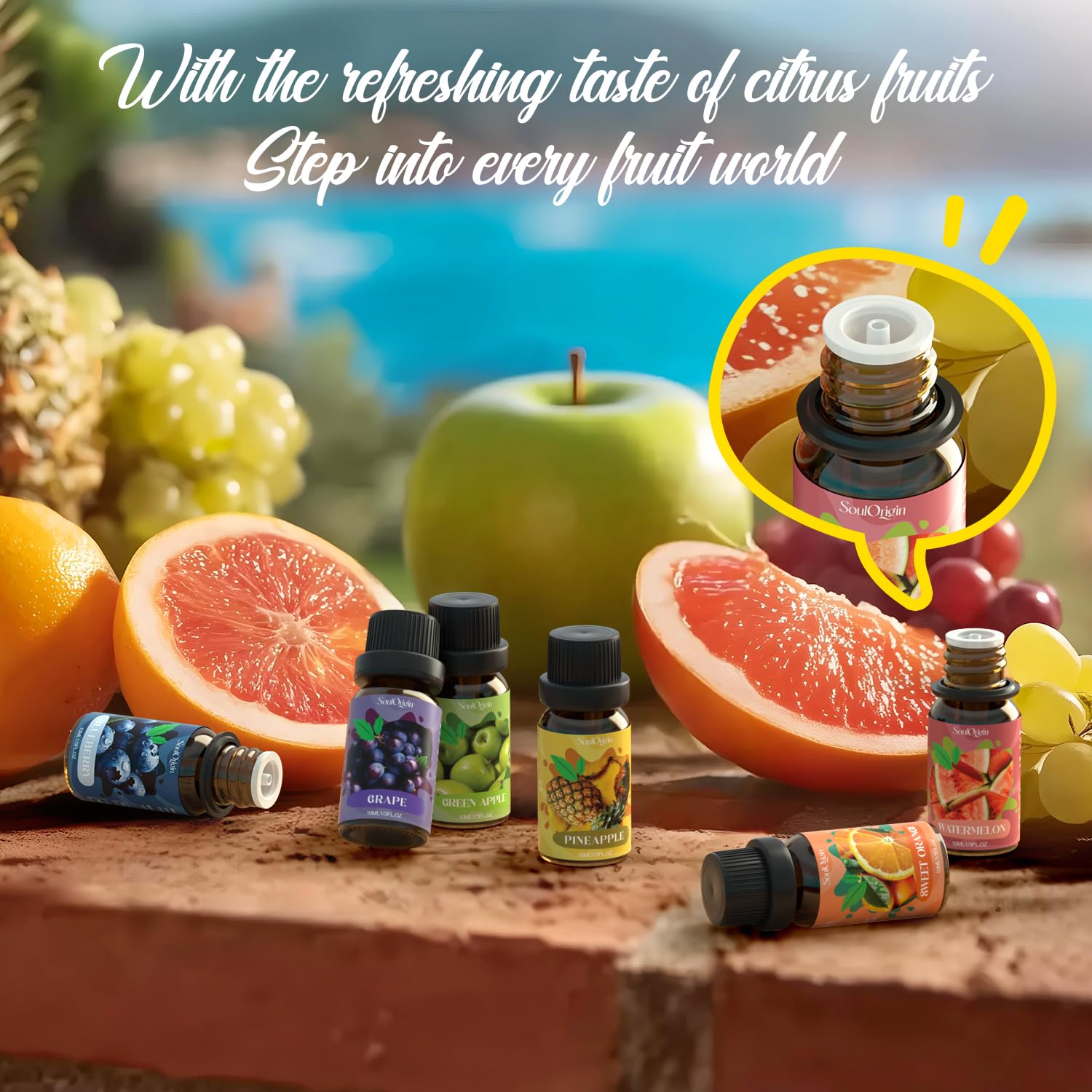 SoulOrigin oils in a diffuser in living room creating uplifting fruity atmosphere benefits