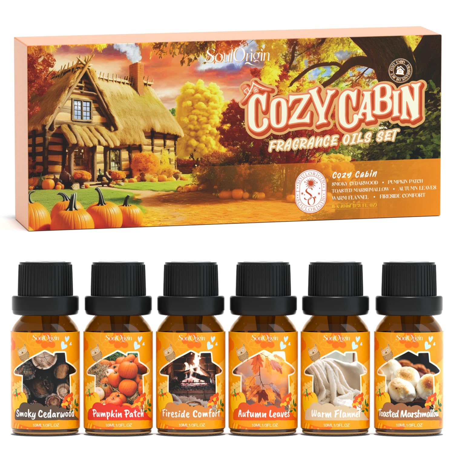 Soulorigin Fall Cozy Cabin fragrance oils set bottles showing Smoky Cedar Wood note