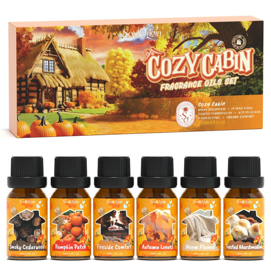Soulorigin Fall Cozy Cabin fragrance oils set bottles showing Smoky Cedar Wood note
