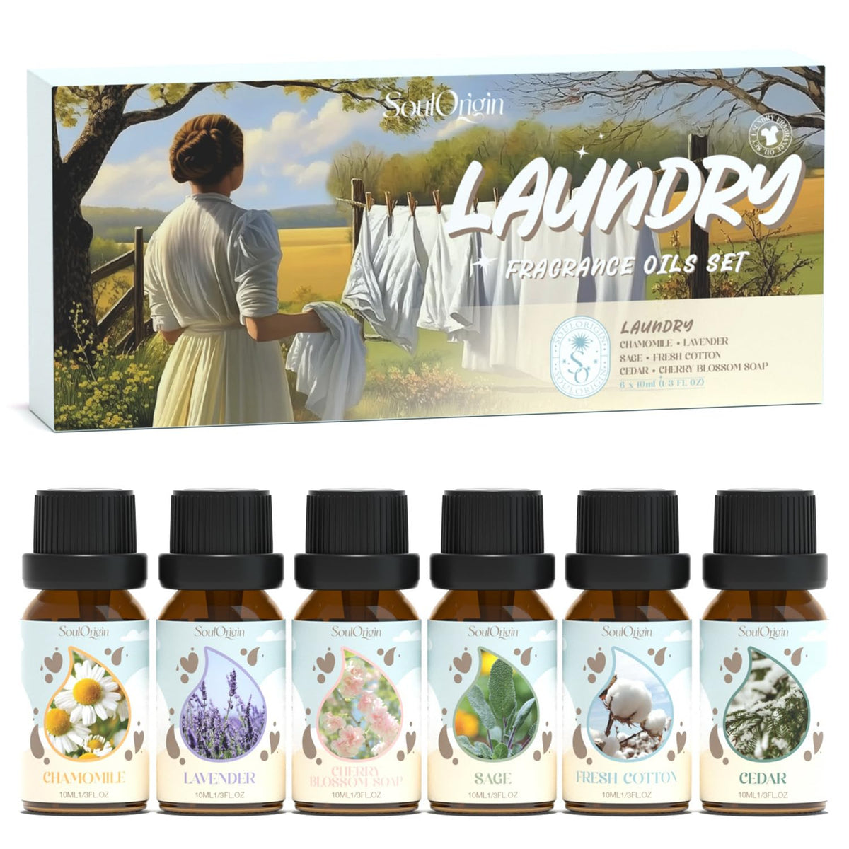 Soulorigin Laundry Fragrance Oils Set packaging featuring six scent bottles