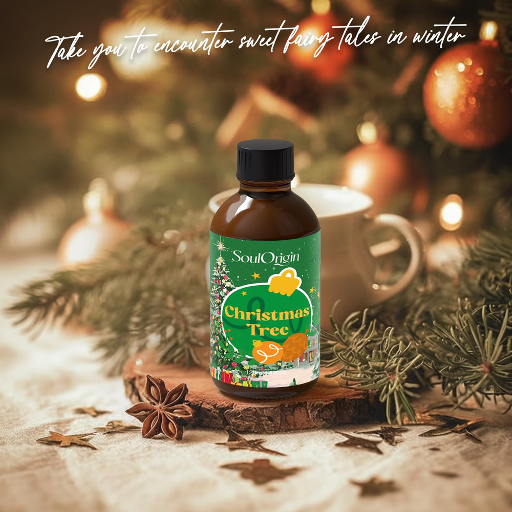 Aromatherapy setup with Christmas tree oil in diffuser